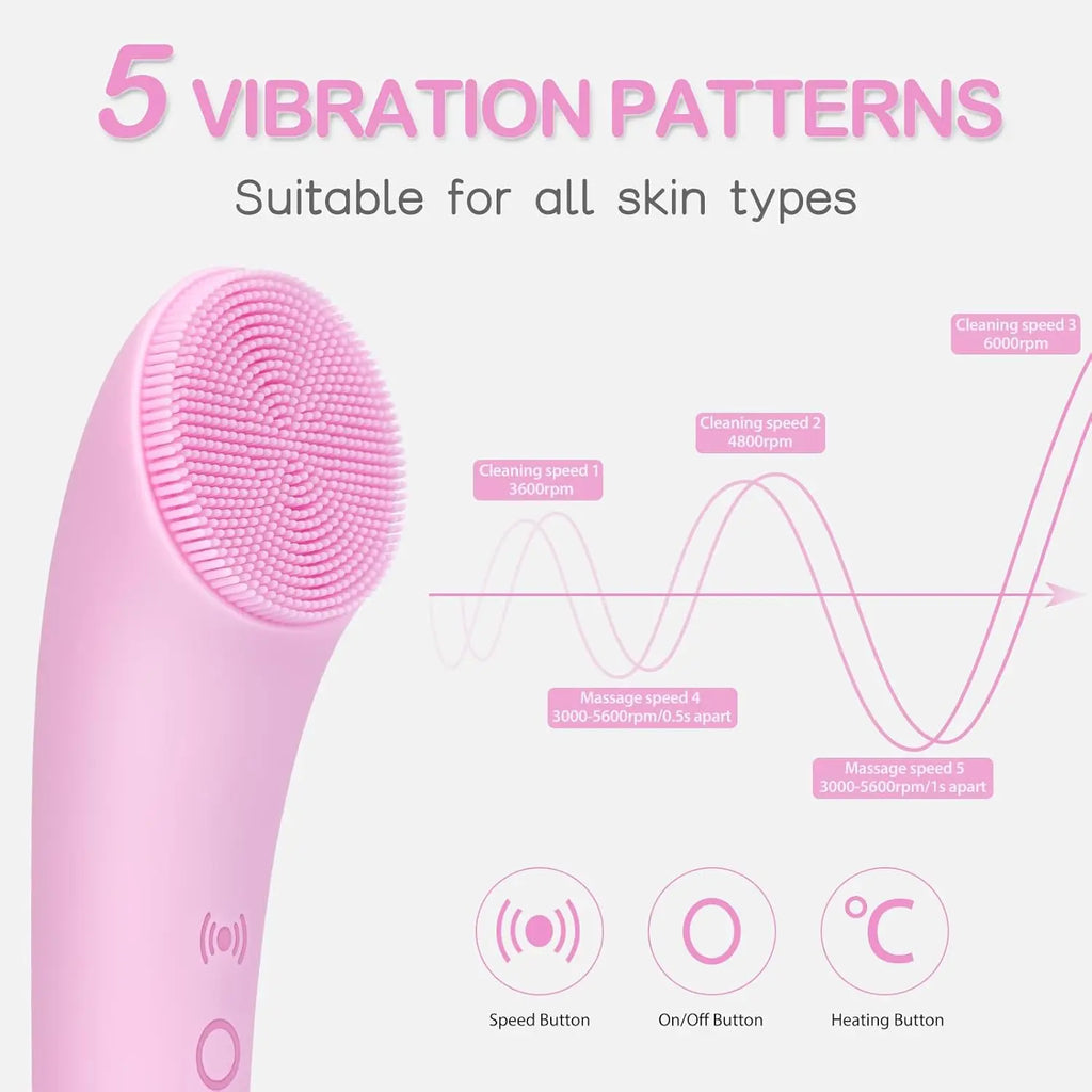 Rechargeable Silicone Facial Cleansing Brush with Heat Massage, 5 Vibration Levels, Waterproof Face Scrubber for Deep Cleaning, Pink