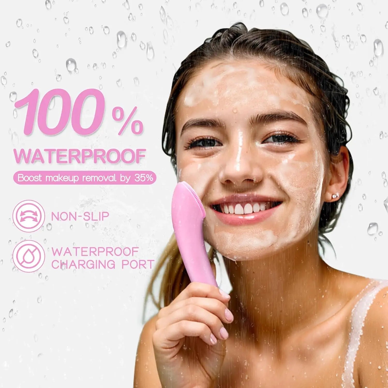 Rechargeable Silicone Facial Cleansing Brush with Heat Massage, 5 Vibration Levels, Waterproof Face Scrubber for Deep Cleaning, Pink