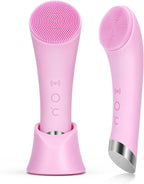 Rechargeable Silicone Facial Cleansing Brush with Heat Massage, 5 Vibration Levels, Waterproof Face Scrubber for Deep Cleaning, Pink